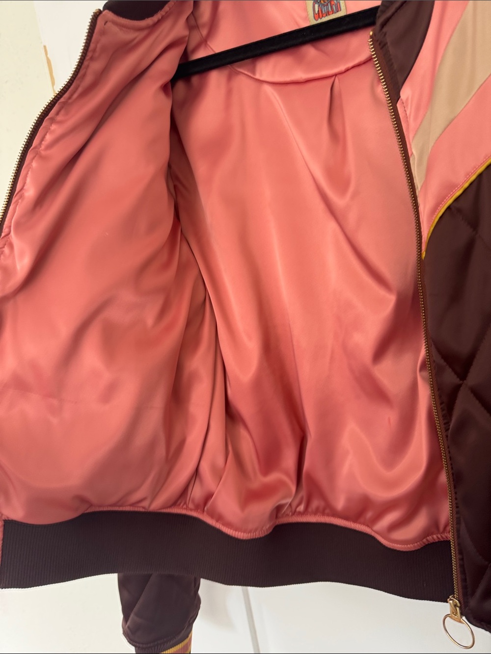 Brown Quilted Bomber Jacket with Pink Chevron Accents - Picture 3 of 6